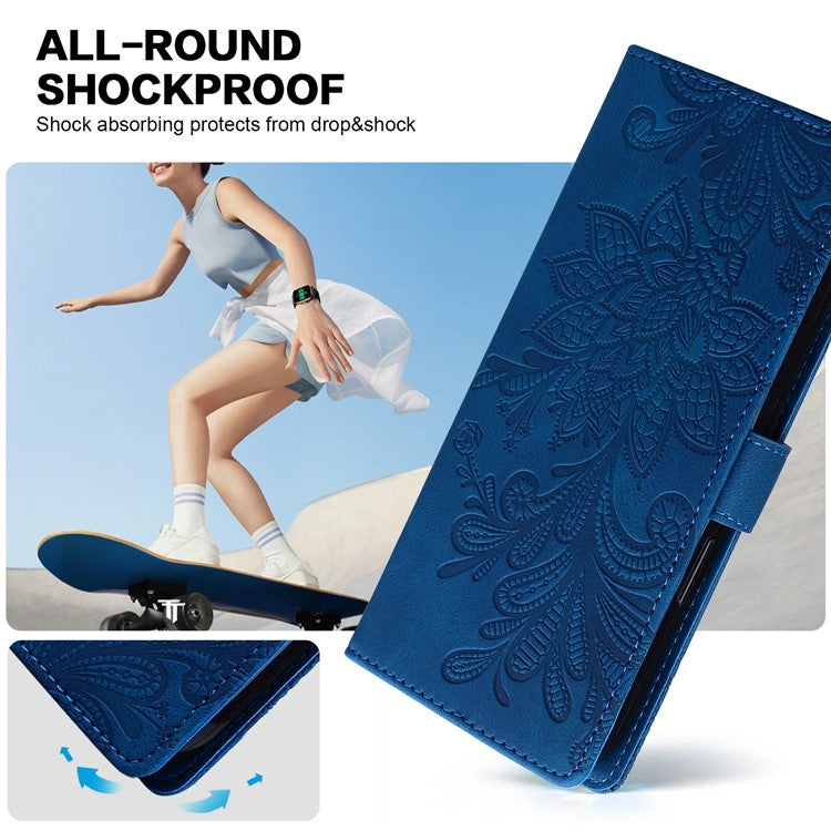 For Google Pixel 9 Pro XL Case Imprinted Lace Flowers PU Leather Wallet Phone Cover - Dark Blue