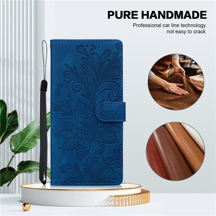 For Google Pixel 9 Pro XL Case Imprinted Lace Flowers PU Leather Wallet Phone Cover - Dark Blue