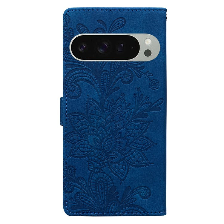 For Google Pixel 9 Pro XL Case Imprinted Lace Flowers PU Leather Wallet Phone Cover - Dark Blue