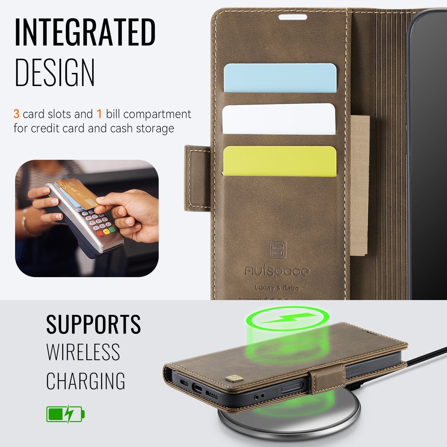 For iPhone 16 Pro Case AUTSPACE A11 RFID Blocking Retro Leather Cell Phone Wallet Cover - Brown