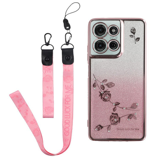 KADEM For Motorola Moto G75 5G Case Flower Pattern TPU Gradient Phone Cover with Lanyards - Rose Gold