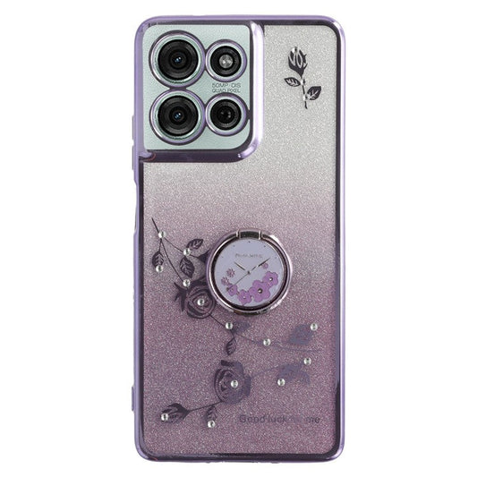 KADEM For Motorola Moto G75 5G Case Ring Kickstand TPU Flowers Phone Cover Gradient Glitter - Purple