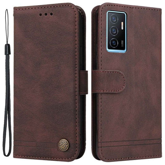 For vivo Y75 4G / V23e 4G / 5G Skin-touch PU Leather Lines Imprinted Magnetic Case Tree Pattern Metal Button Flip Stand Phone Cover with Strap - Brown
