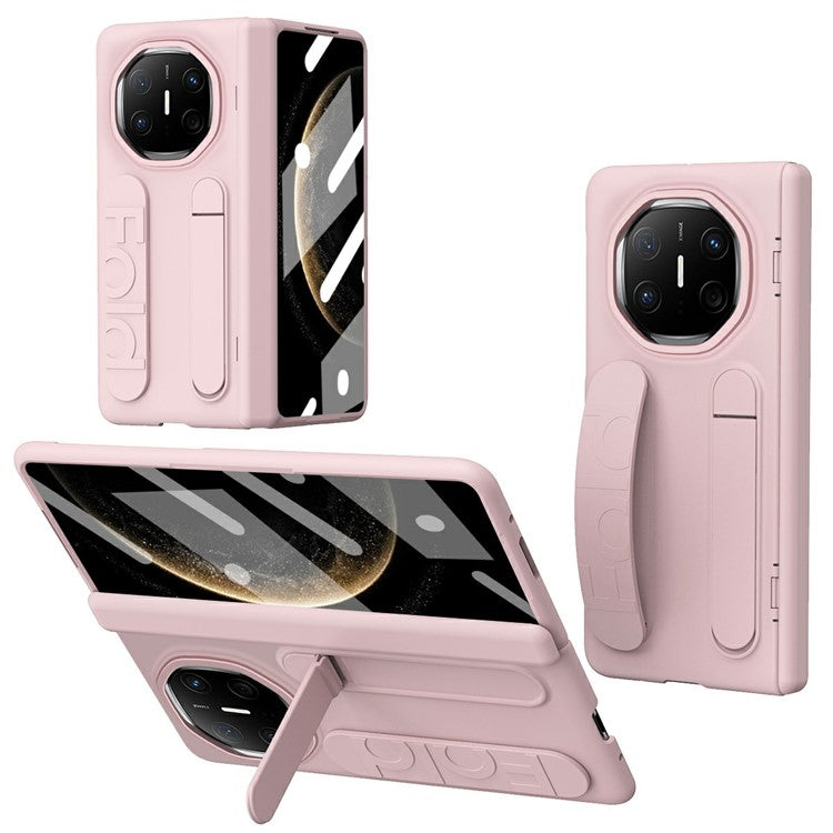 For Huawei Mate X6 Case Kickstand Wristband PC Phone Cover with Tempered Glass Film - Pink