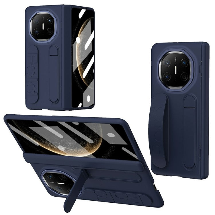 For Huawei Mate X6 Case Kickstand Wristband PC Phone Cover with Tempered Glass Film - Blue