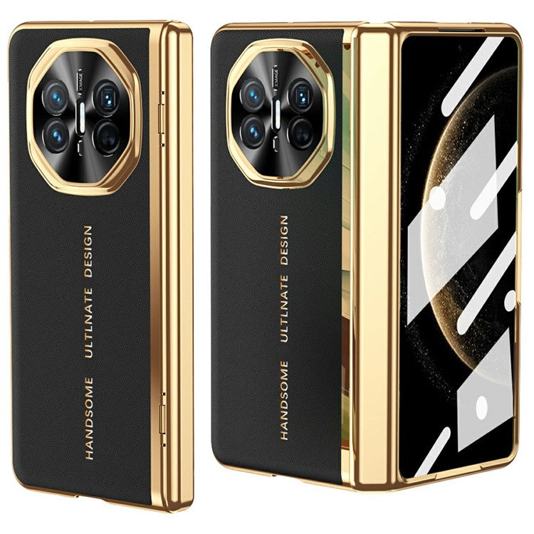 For Huawei Mate X6 Case PU Leather+PC Electroplating Phone Cover with Tempered Glass Screen Film - Black