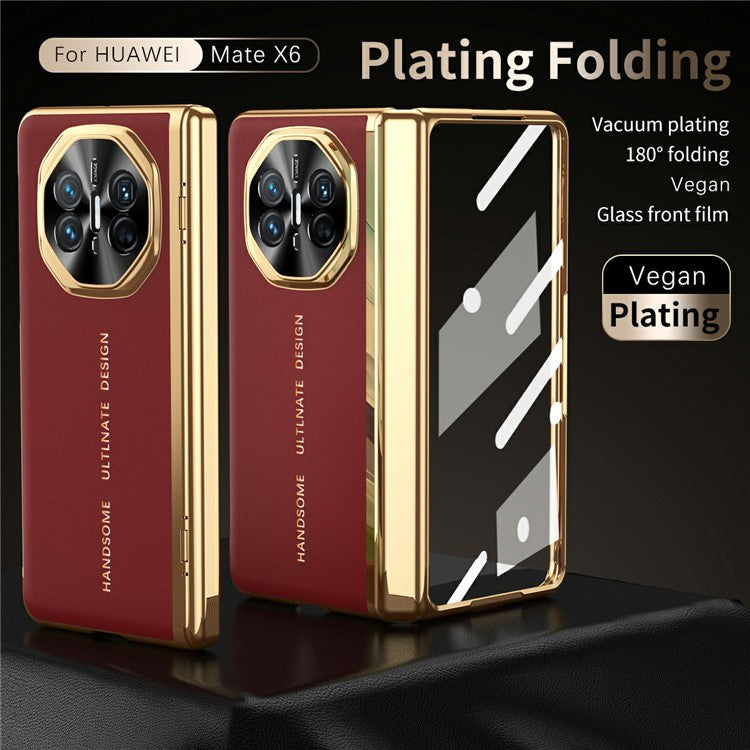 For Huawei Mate X6 Case PU Leather+PC Electroplating Phone Cover with Tempered Glass Screen Film - Black