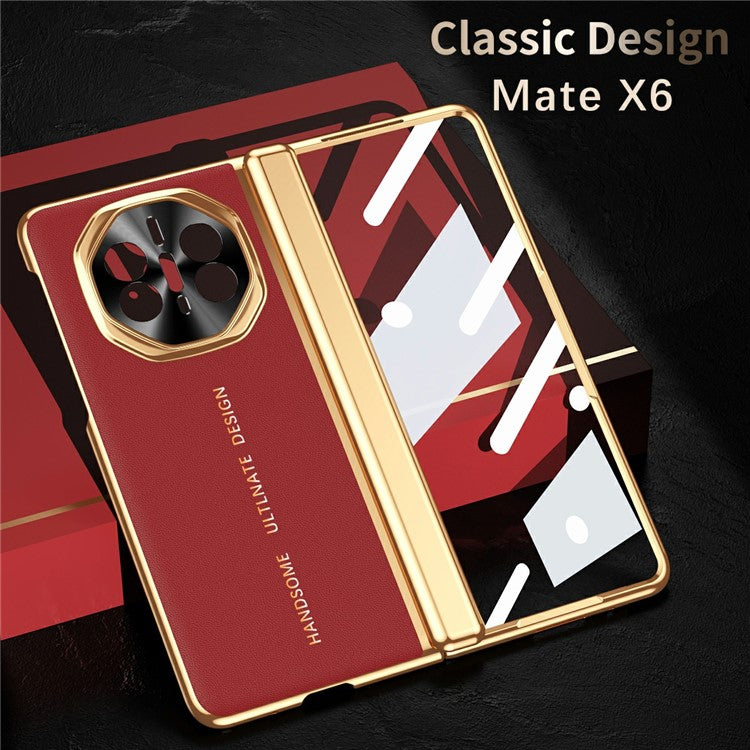 For Huawei Mate X6 Case PU Leather+PC Electroplating Phone Cover with Tempered Glass Screen Film - Black