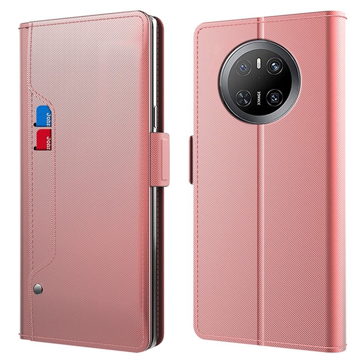 For Huawei Mate 70 Case Stand PU Leather Phone Cover Card Holder Mirror - Rose Gold