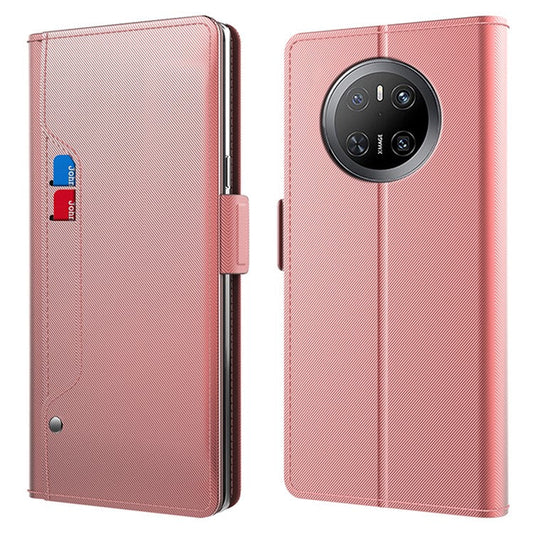 For Huawei Mate 70 Case Stand PU Leather Phone Cover Card Holder Mirror - Rose Gold
