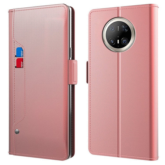 For Huawei Mate 70 Pro / 70 Pro+ Case Stand PU Leather Phone Cover Card Holder Mirror - Rose Gold