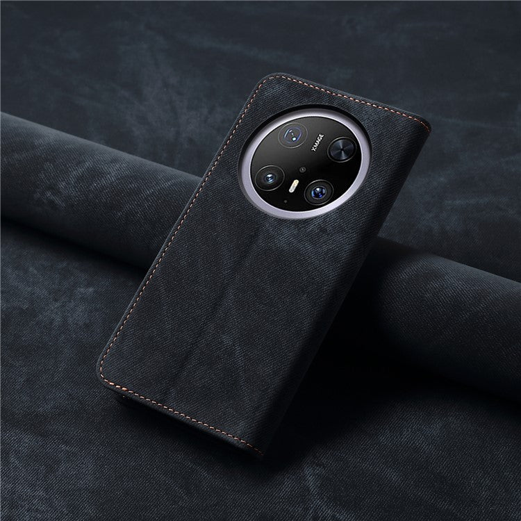 For Huawei Mate 70 Pro / Mate 70 Pro+ Case Jeans Cloth Texture Anti-Scratch Leather Stand Phone Cover - Black