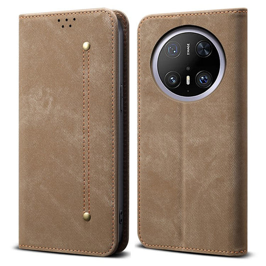 For Huawei Mate 70 Pro / Mate 70 Pro+ Case Jeans Cloth Texture Anti-Scratch Leather Stand Phone Cover - Khaki