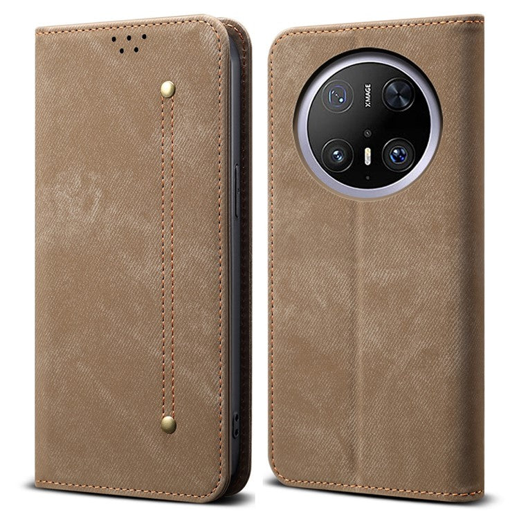For Huawei Mate 70 Case Jeans Cloth Texture Anti-Scratch Leather Stand Phone Cover - Khaki