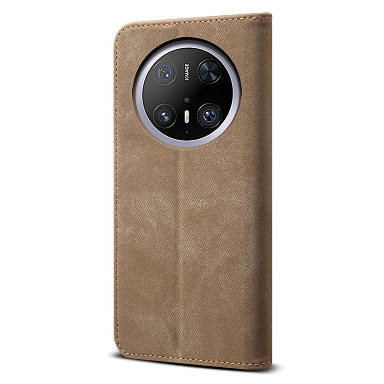 For Huawei Mate 70 Case Jeans Cloth Texture Anti-Scratch Leather Stand Phone Cover - Khaki