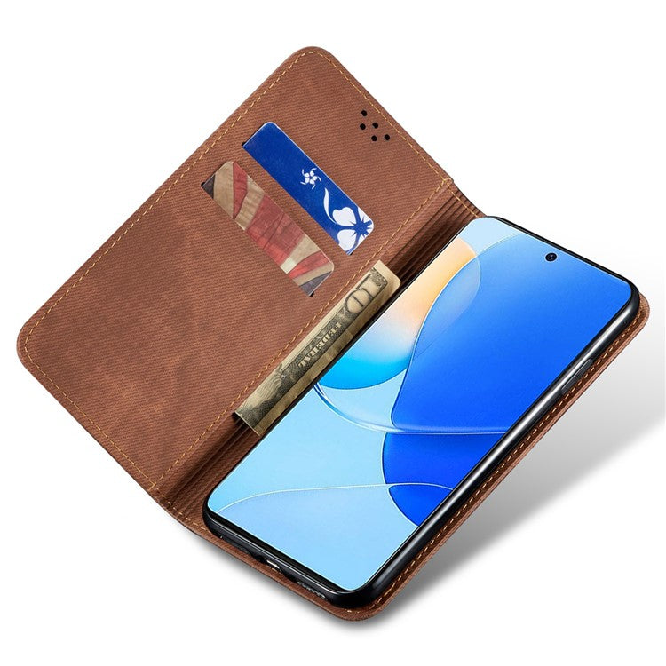 For Huawei Mate 70 Case Jeans Cloth Texture Anti-Scratch Leather Stand Phone Cover - Coffee
