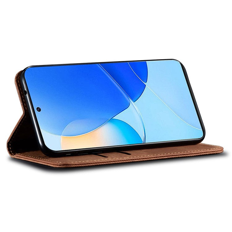 For Huawei Mate 70 Case Jeans Cloth Texture Anti-Scratch Leather Stand Phone Cover - Coffee