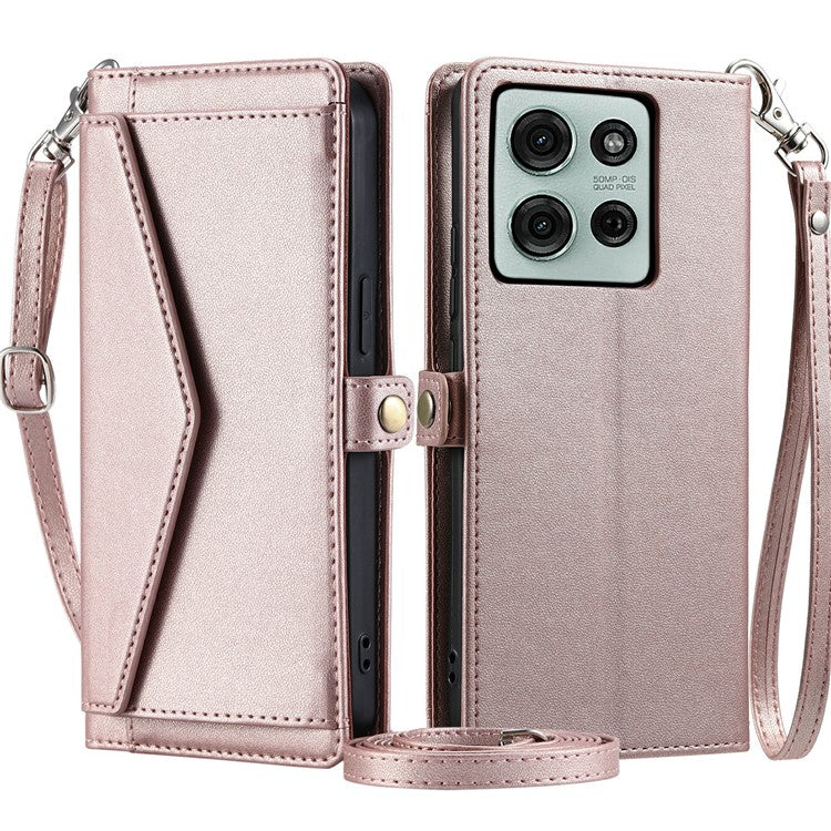 For Motorola Moto G75 5G Leather Case Wallet Stand Phone Cover with Straps - Rose Gold