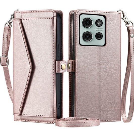 For Motorola Moto G75 5G Leather Case Wallet Stand Phone Cover with Straps - Rose Gold