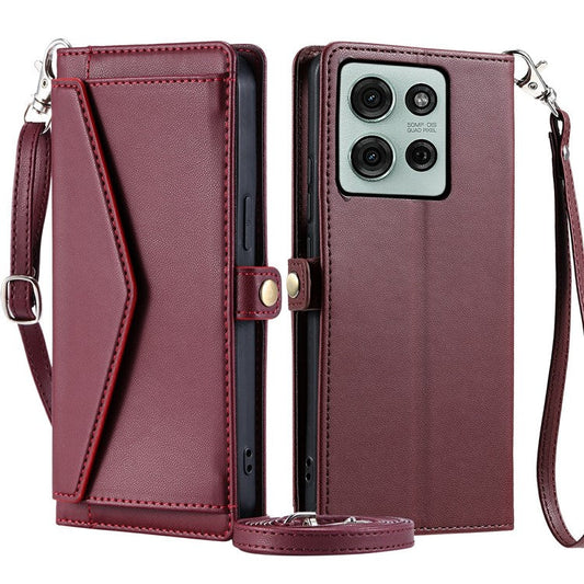 For Motorola Moto G75 5G Leather Case Wallet Stand Phone Cover with Straps - Wine Red