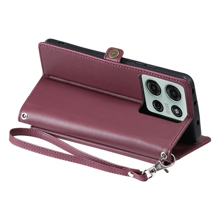 For Motorola Moto G75 5G Leather Case Wallet Stand Phone Cover with Straps - Wine Red