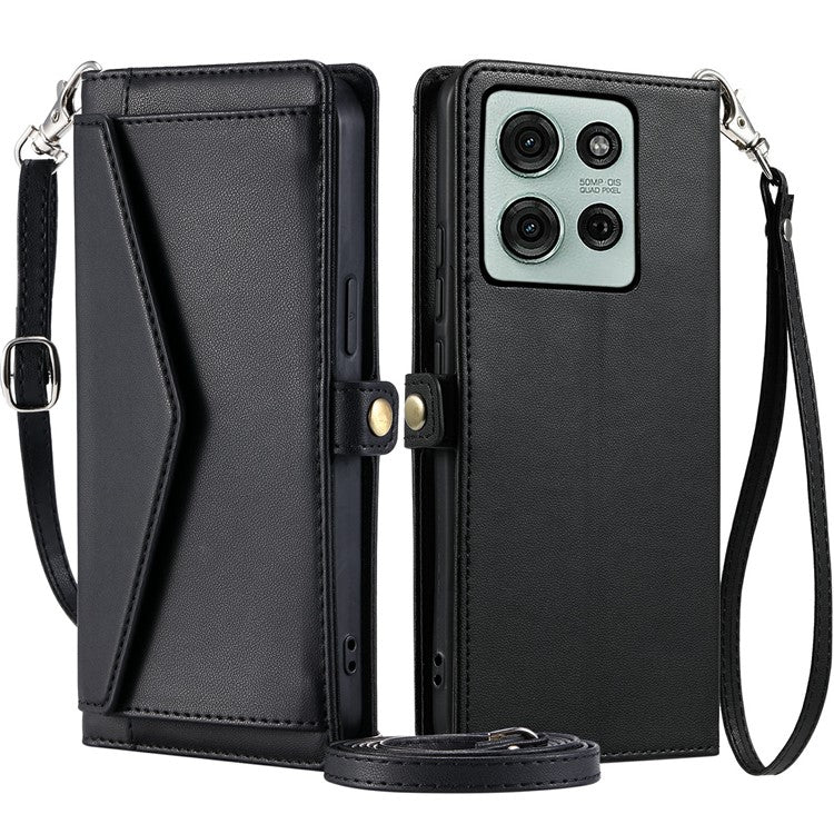 For Motorola Moto G75 5G Leather Case Wallet Stand Phone Cover with Straps - Black