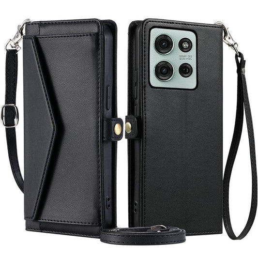 For Motorola Moto G75 5G Leather Case Wallet Stand Phone Cover with Straps - Black