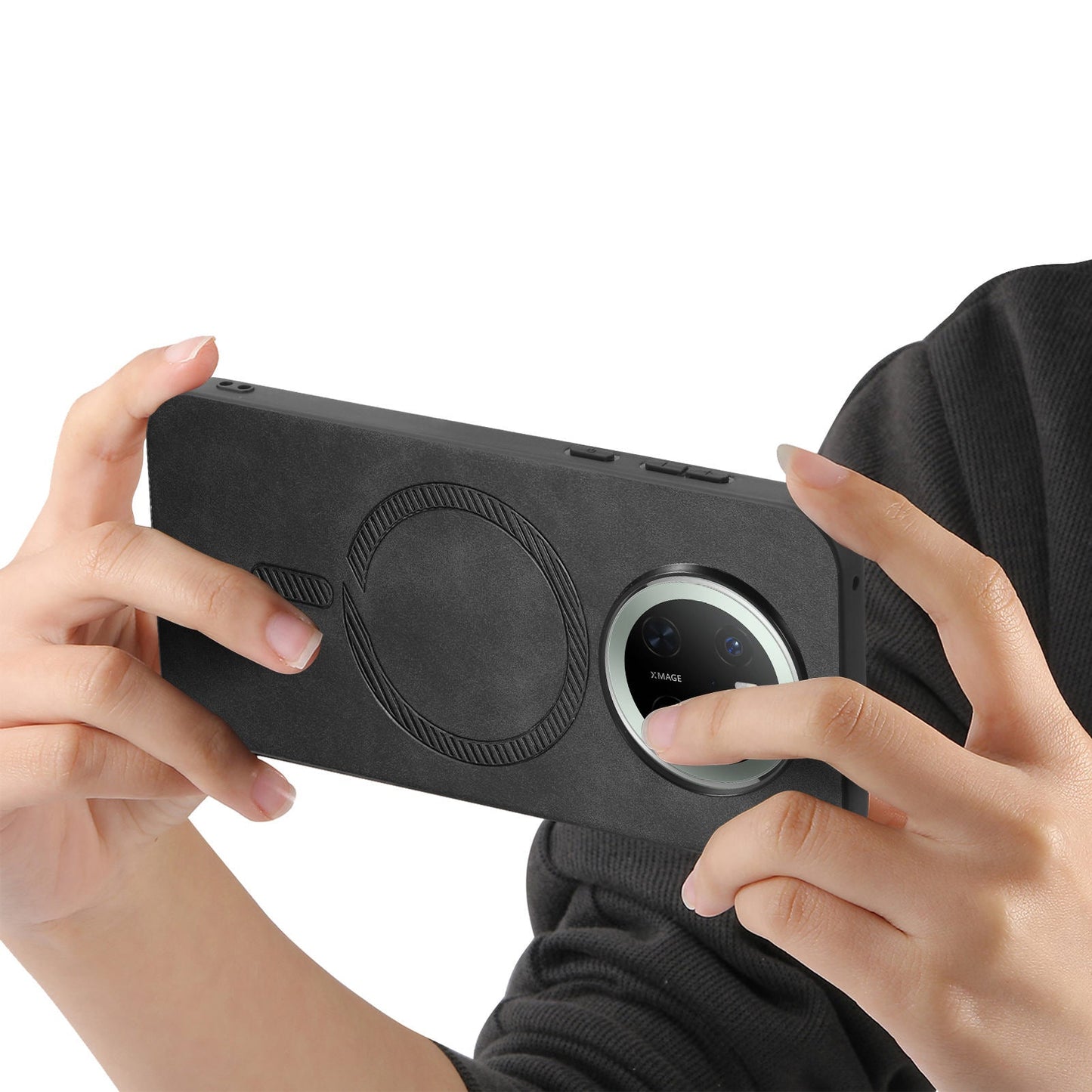 For Huawei Mate 70 Leather Back Case Compatible with MagSafe Skin-touch Phone Cover - Black