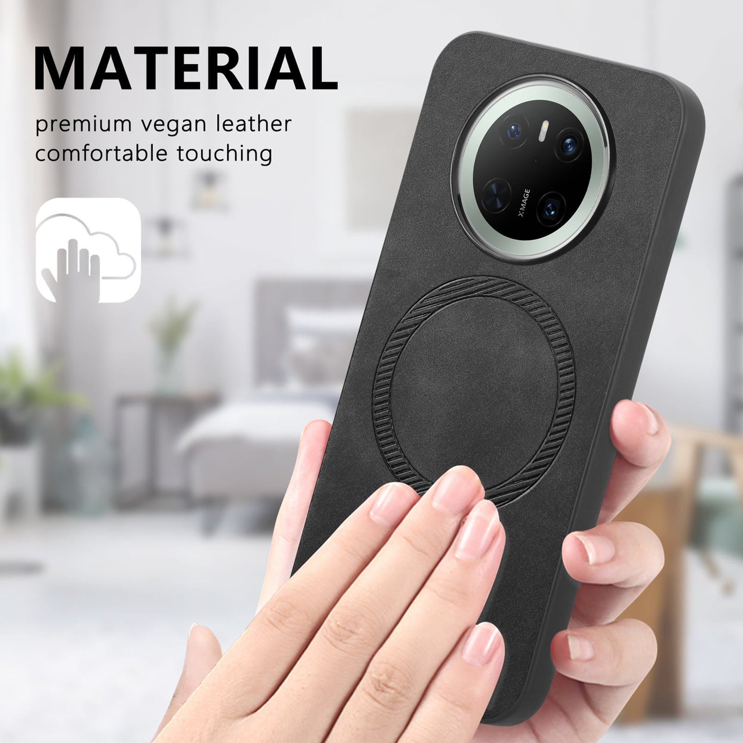 For Huawei Mate 70 Leather Back Case Compatible with MagSafe Skin-touch Phone Cover - Black