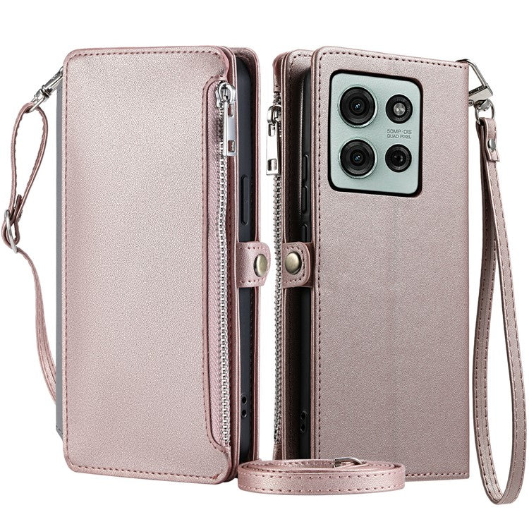 015 Style For Motorola Moto G75 5G Case TPU+PU Leather Wallet Phone Cover with Straps - Rose Gold