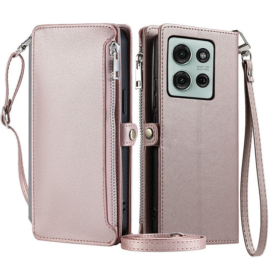 015 Style For Motorola Moto G75 5G Case TPU+PU Leather Wallet Phone Cover with Straps - Rose Gold