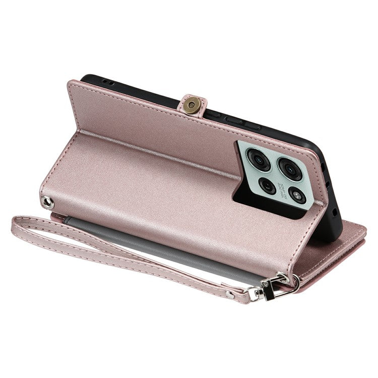 015 Style For Motorola Moto G75 5G Case TPU+PU Leather Wallet Phone Cover with Straps - Rose Gold