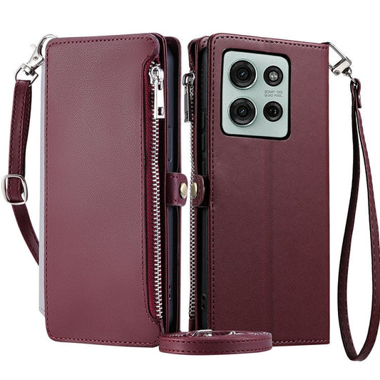 015 Style For Motorola Moto G75 5G Case TPU+PU Leather Wallet Phone Cover with Straps - Wine Red