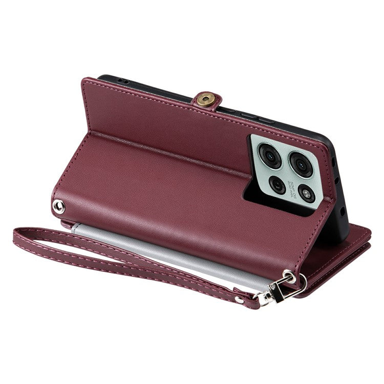 015 Style For Motorola Moto G75 5G Case TPU+PU Leather Wallet Phone Cover with Straps - Wine Red