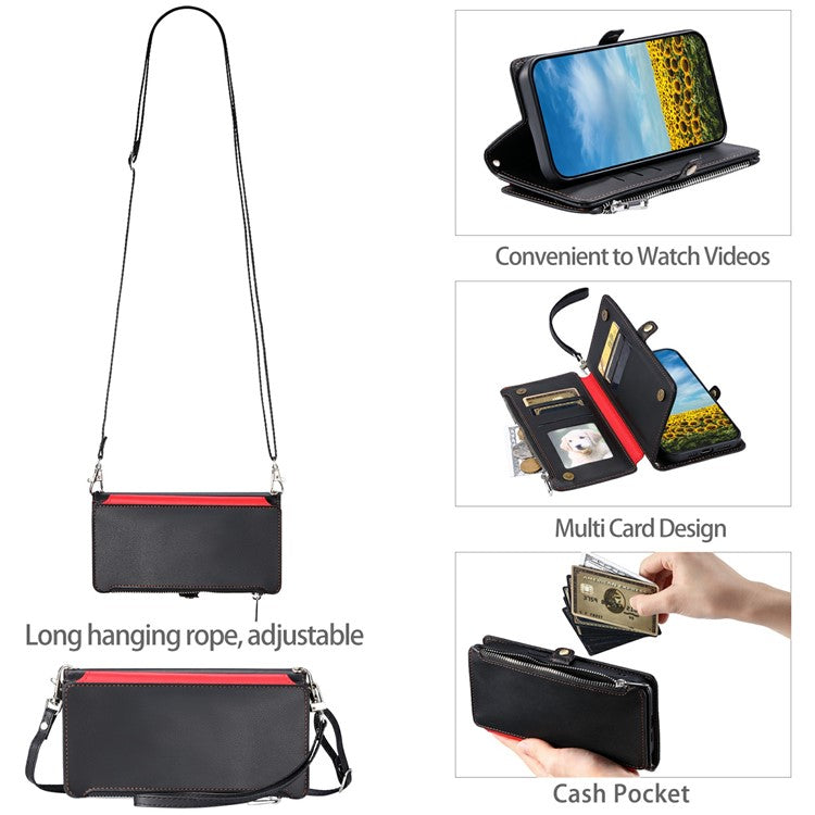 015 Style For Motorola Moto G75 5G Case TPU+PU Leather Wallet Phone Cover with Straps - Black
