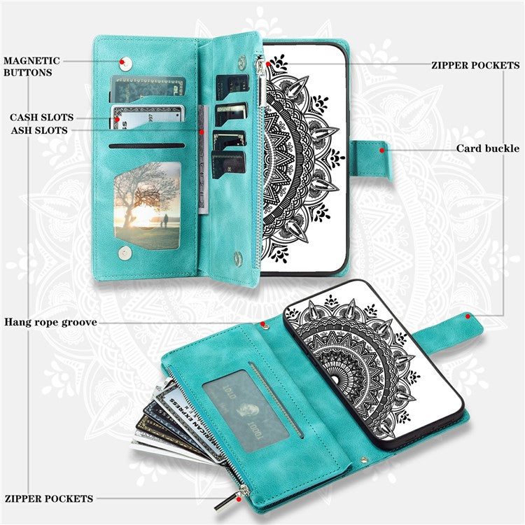 Style 006 For Motorola Moto G75 5G Wallet Case PU Leather Phone Cover Mandala Flower Pattern - Mint Green