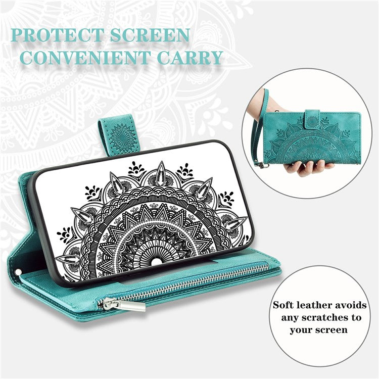 Style 006 For Motorola Moto G75 5G Wallet Case PU Leather Phone Cover Mandala Flower Pattern - Mint Green