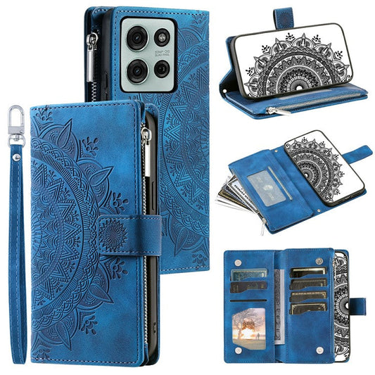 Style 006 For Motorola Moto G75 5G Wallet Case PU Leather Phone Cover Mandala Flower Pattern - Blue