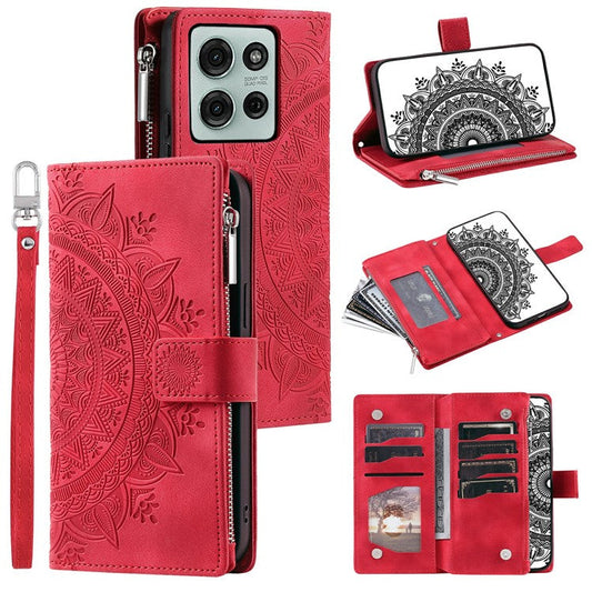 Style 006 For Motorola Moto G75 5G Wallet Case PU Leather Phone Cover Mandala Flower Pattern - Red