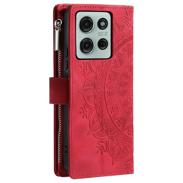 Style 006 For Motorola Moto G75 5G Wallet Case PU Leather Phone Cover Mandala Flower Pattern - Red
