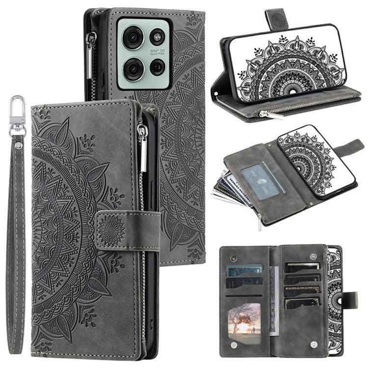Style 006 For Motorola Moto G75 5G Wallet Case PU Leather Phone Cover Mandala Flower Pattern - Grey