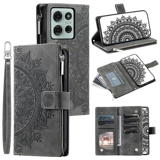 Style 006 For Motorola Moto G75 5G Wallet Case PU Leather Phone Cover Mandala Flower Pattern - Grey