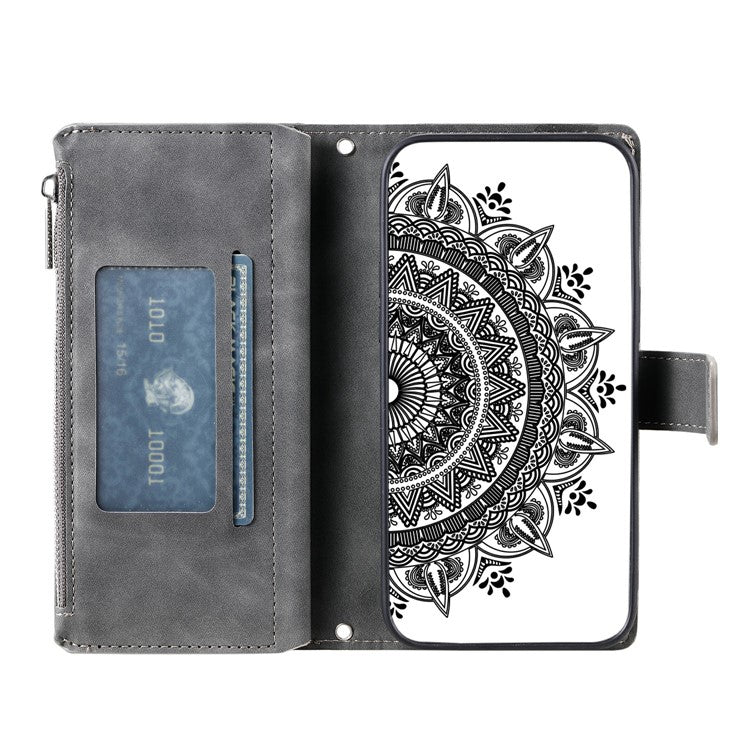Style 006 For Motorola Moto G75 5G Wallet Case PU Leather Phone Cover Mandala Flower Pattern - Grey