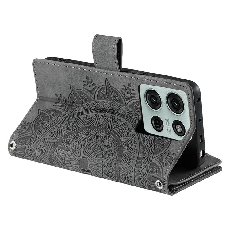 Style 006 For Motorola Moto G75 5G Wallet Case PU Leather Phone Cover Mandala Flower Pattern - Grey