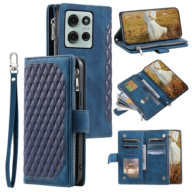 Style 005 For Motorola Moto G75 5G Wallet Case Rhombus Stitching Line PU Leather Phone Cover - Blue
