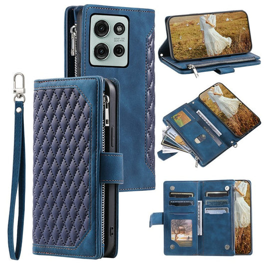 Style 005 For Motorola Moto G75 5G Wallet Case Rhombus Stitching Line PU Leather Phone Cover - Blue