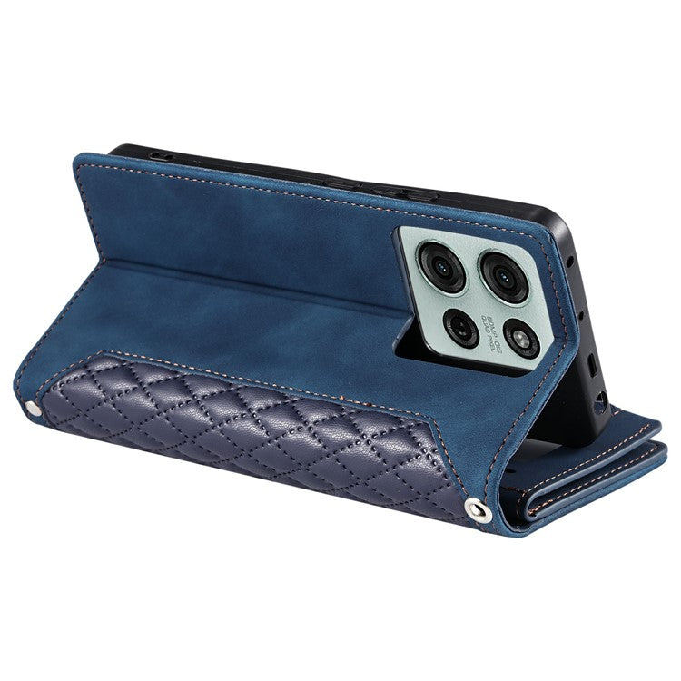 Style 005 For Motorola Moto G75 5G Wallet Case Rhombus Stitching Line PU Leather Phone Cover - Blue