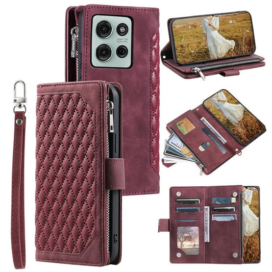Style 005 For Motorola Moto G75 5G Wallet Case Rhombus Stitching Line PU Leather Phone Cover - Wine Red