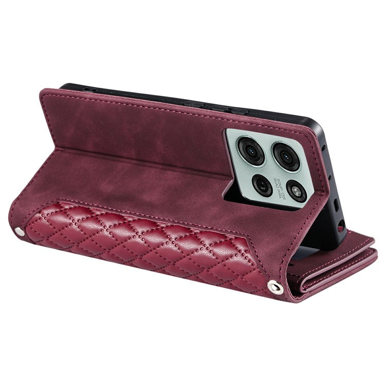 Style 005 For Motorola Moto G75 5G Wallet Case Rhombus Stitching Line PU Leather Phone Cover - Wine Red