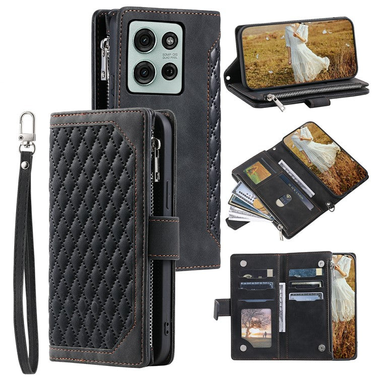 Style 005 For Motorola Moto G75 5G Wallet Case Rhombus Stitching Line PU Leather Phone Cover - Black